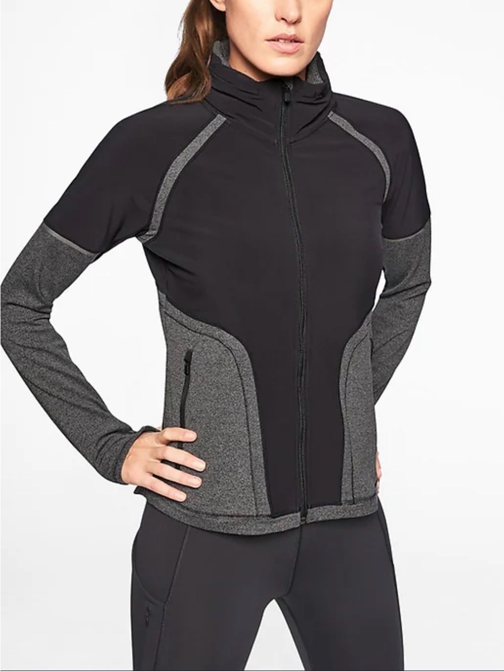 Athleta Jump Step Jacket Small in Black and Gray Hooded Performance Athletic